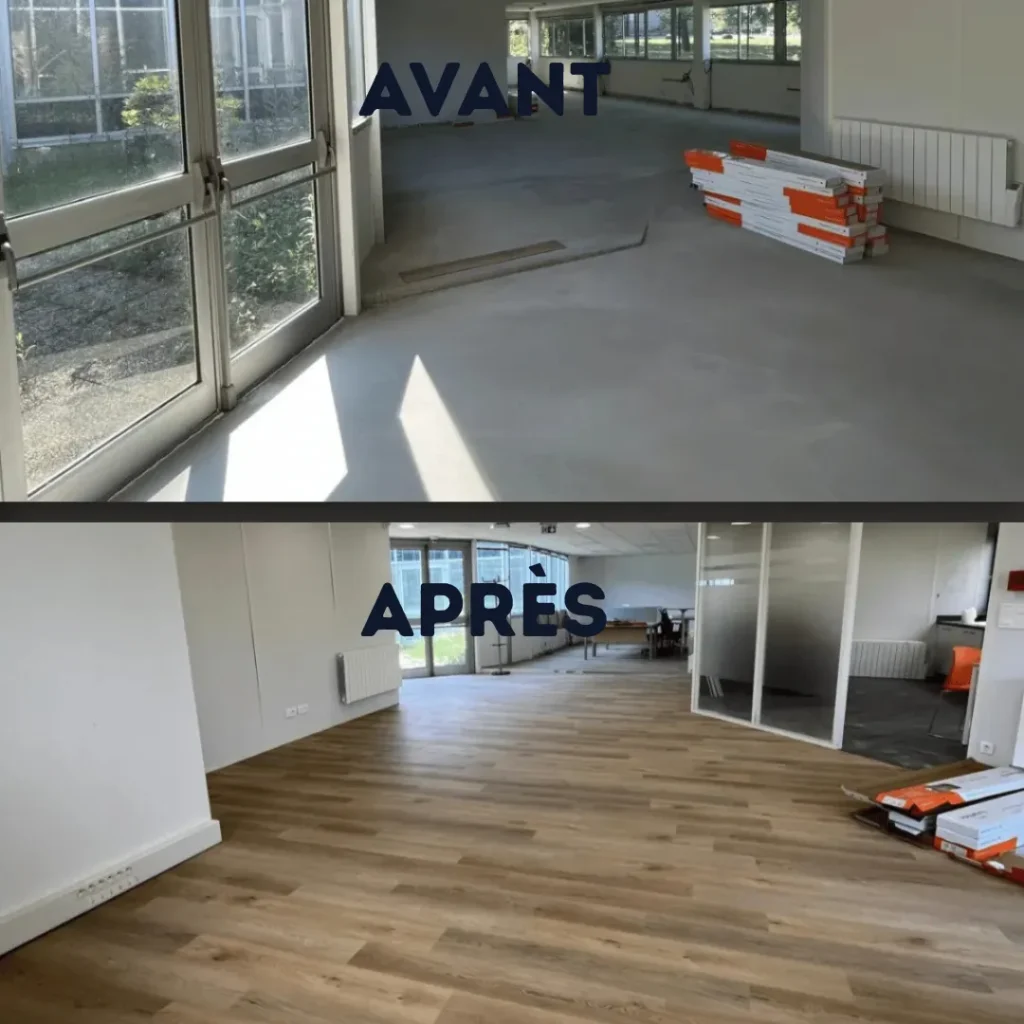 Plateau de bureaux à Vernon, avant et après : sol effet parquet et peinture claire sur façade vitrée