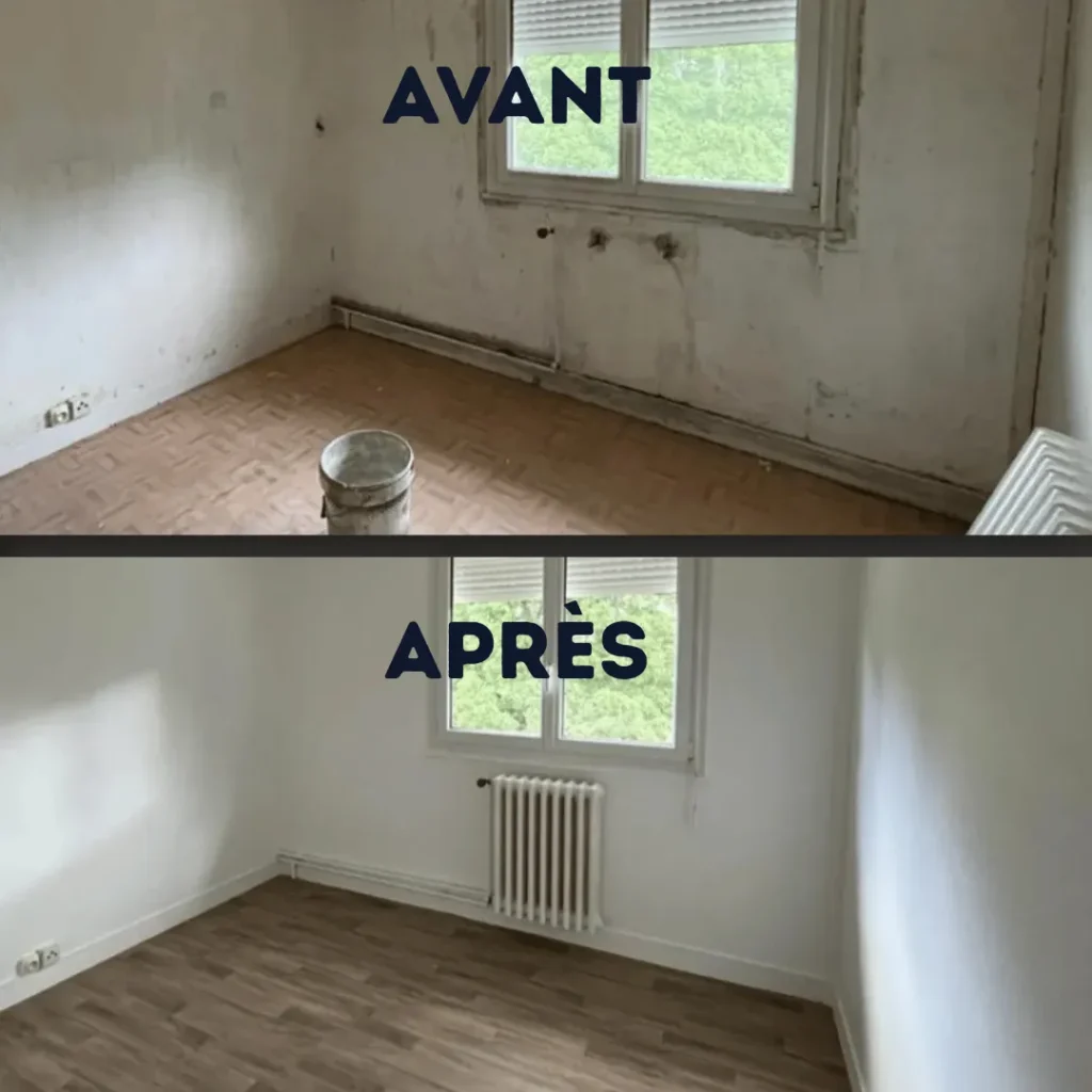 Chambre à Yvetot, avant et après : murs assainis des traces d'humidité et sol effet bois posé