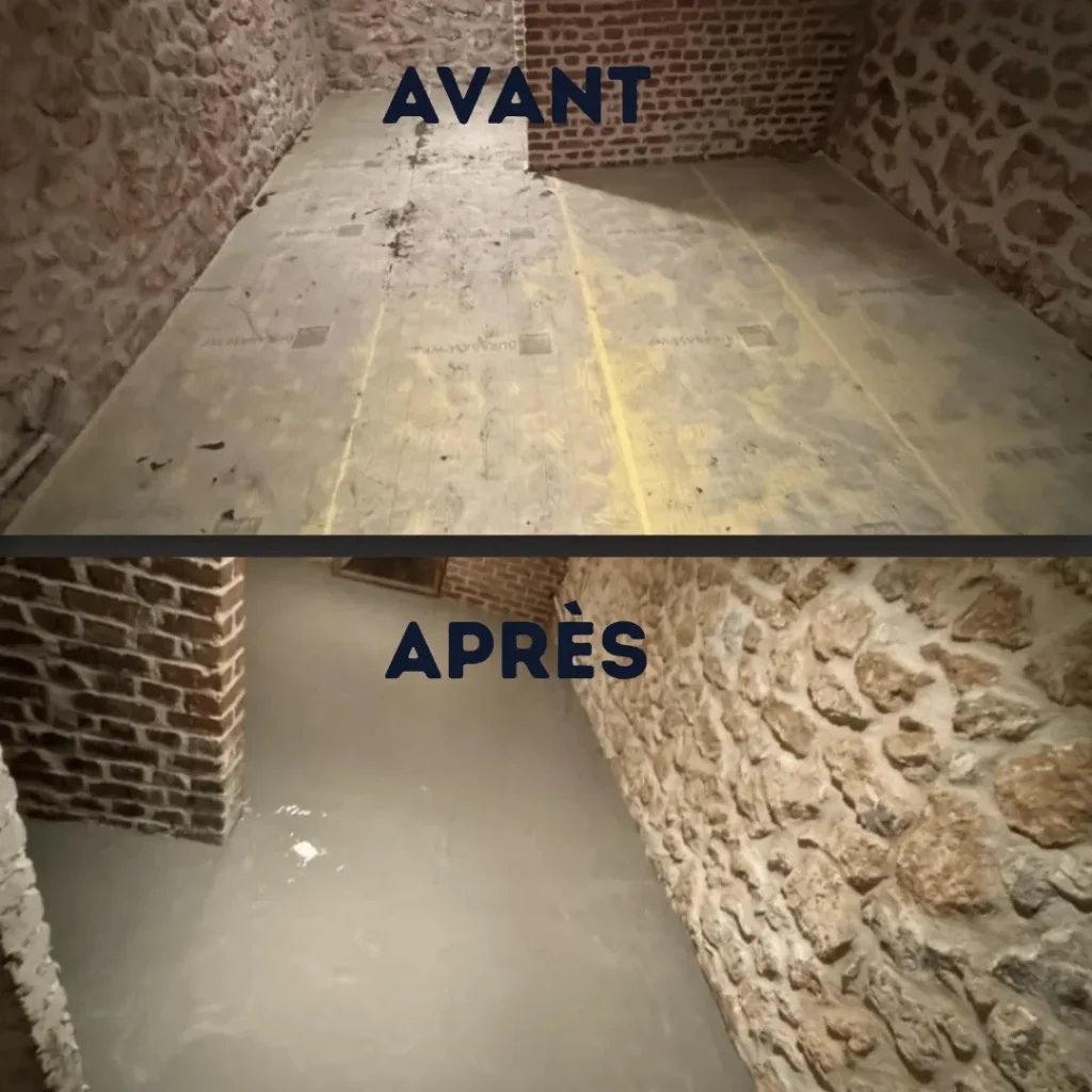 Sol de sous-sol à Elbeuf, avant et après : chape lissée coulée entre murs en brique et moellons calcaire