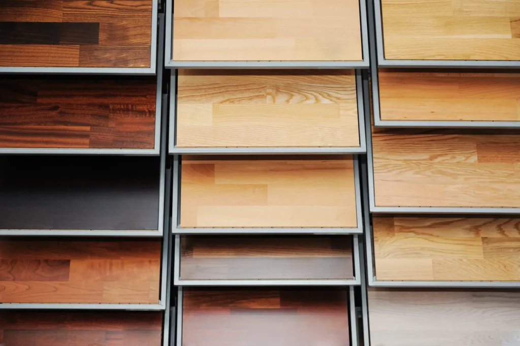Présentoir d'échantillons de parquet : plusieurs essences et teintes de bois
