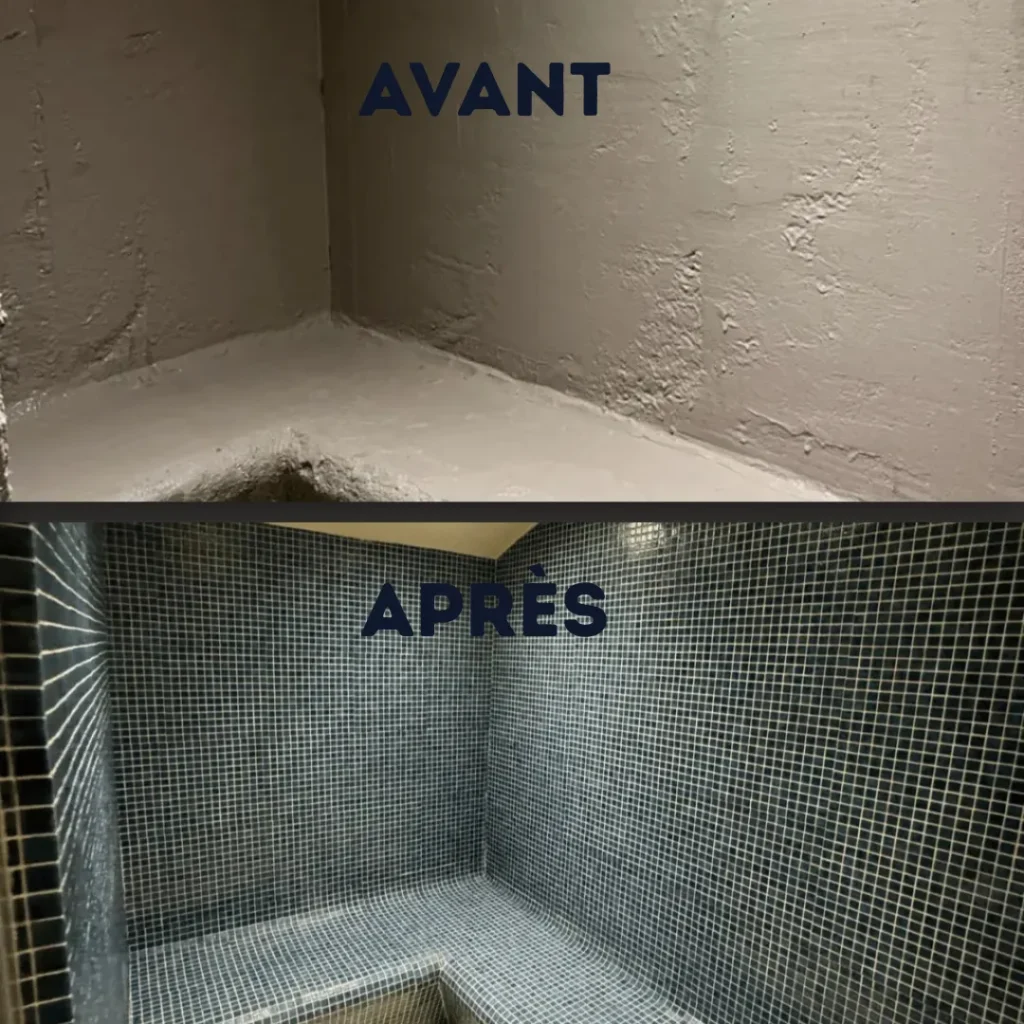 Hammam à Évreux, avant et après : mosaïque de verre posée sur les parois, la banquette et le sol