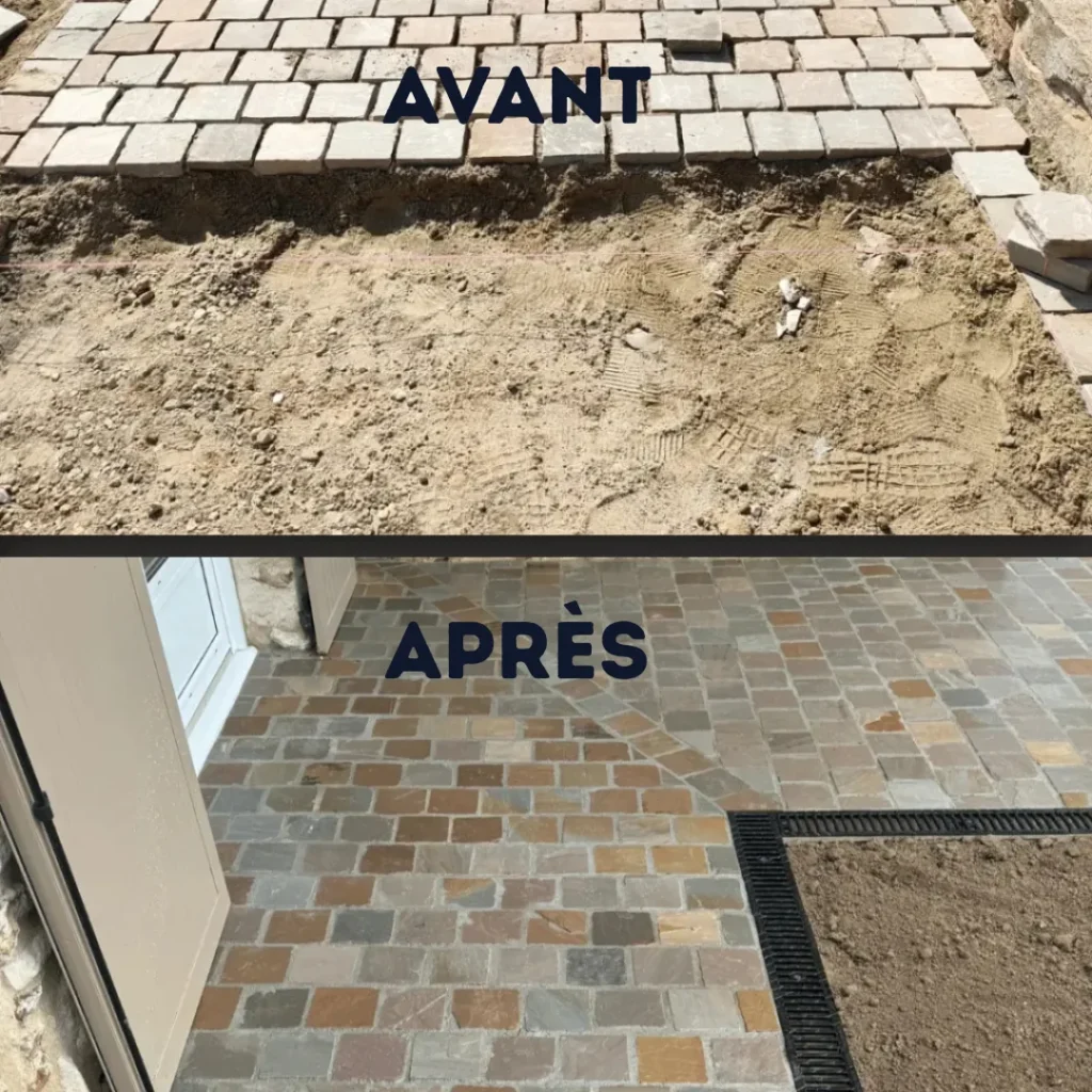 Pavage de cour à Gaillon, avant et après : pavés en pierre naturelle multicolore et caniveau à grille fonte