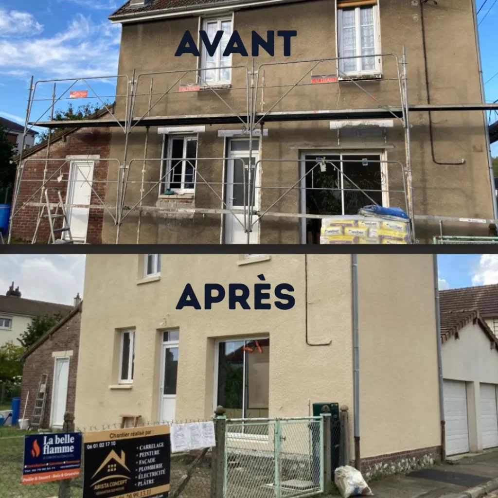 Ravalement de façade d'une maison à Rouen, avant et après : enduit monocouche teinté appliqué sous échafaudage