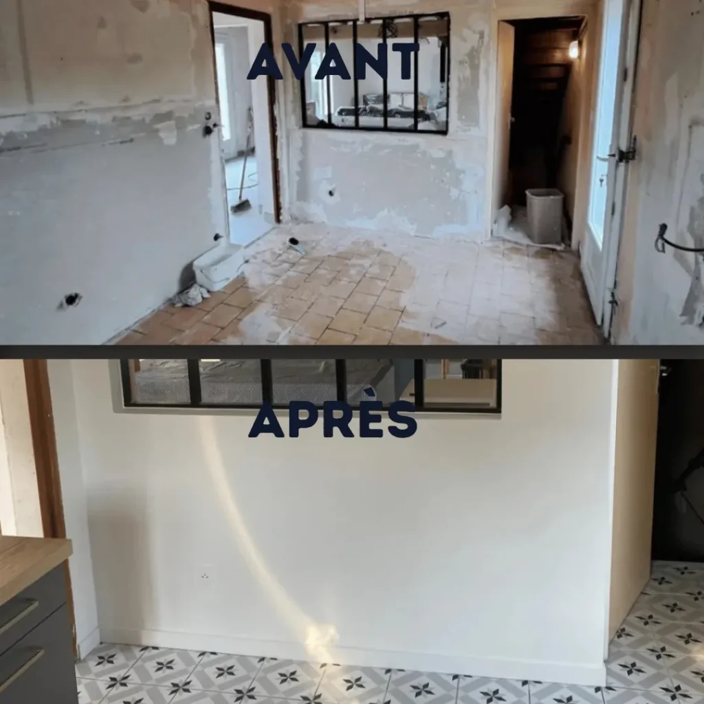 Rénovation de cuisine à Léry, avant et après : verrière métallique conservée et carrelage à motifs géométriques