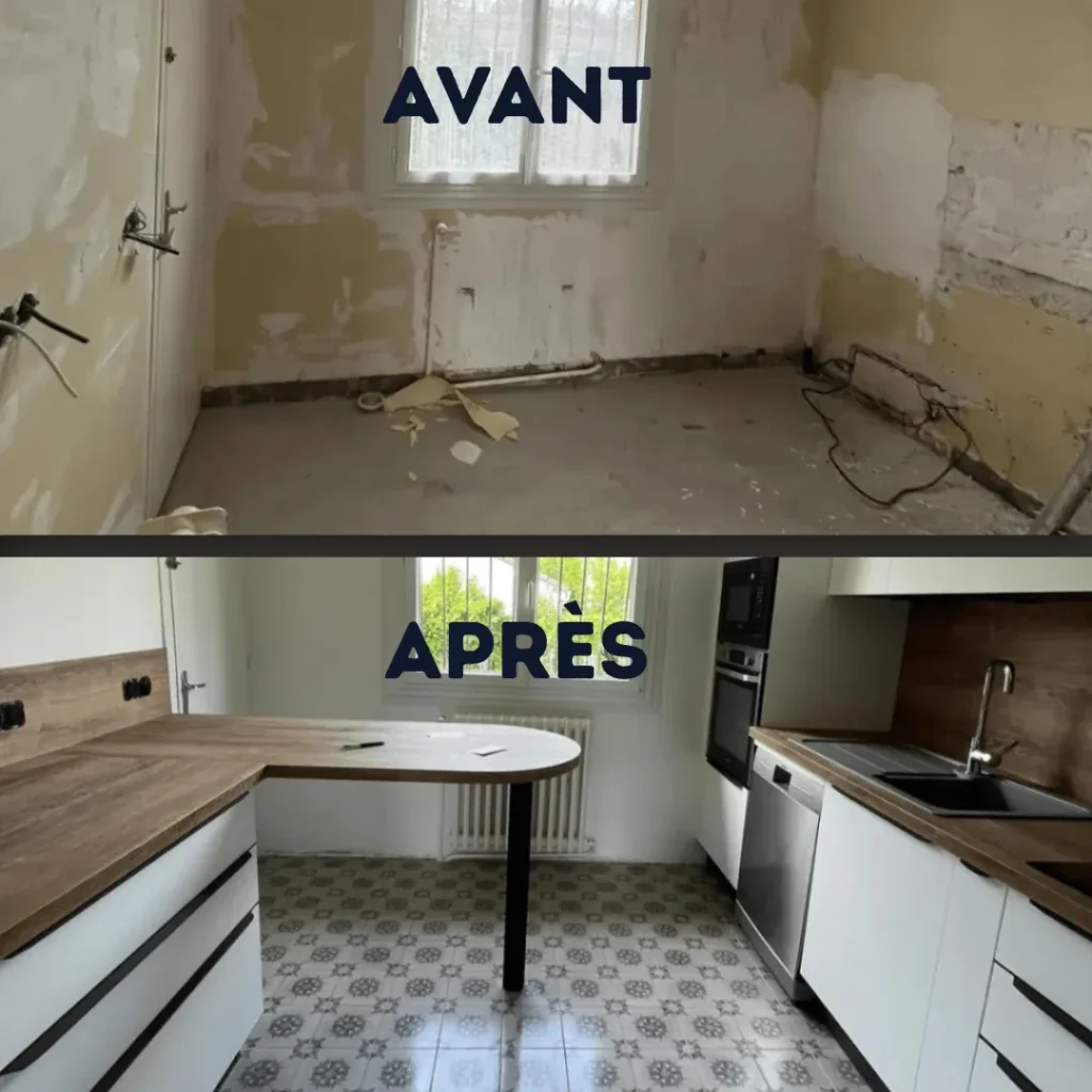 Rénovation de cuisine à Rouen, avant et après : carrelage à motifs, plan de travail effet bois et plan repas