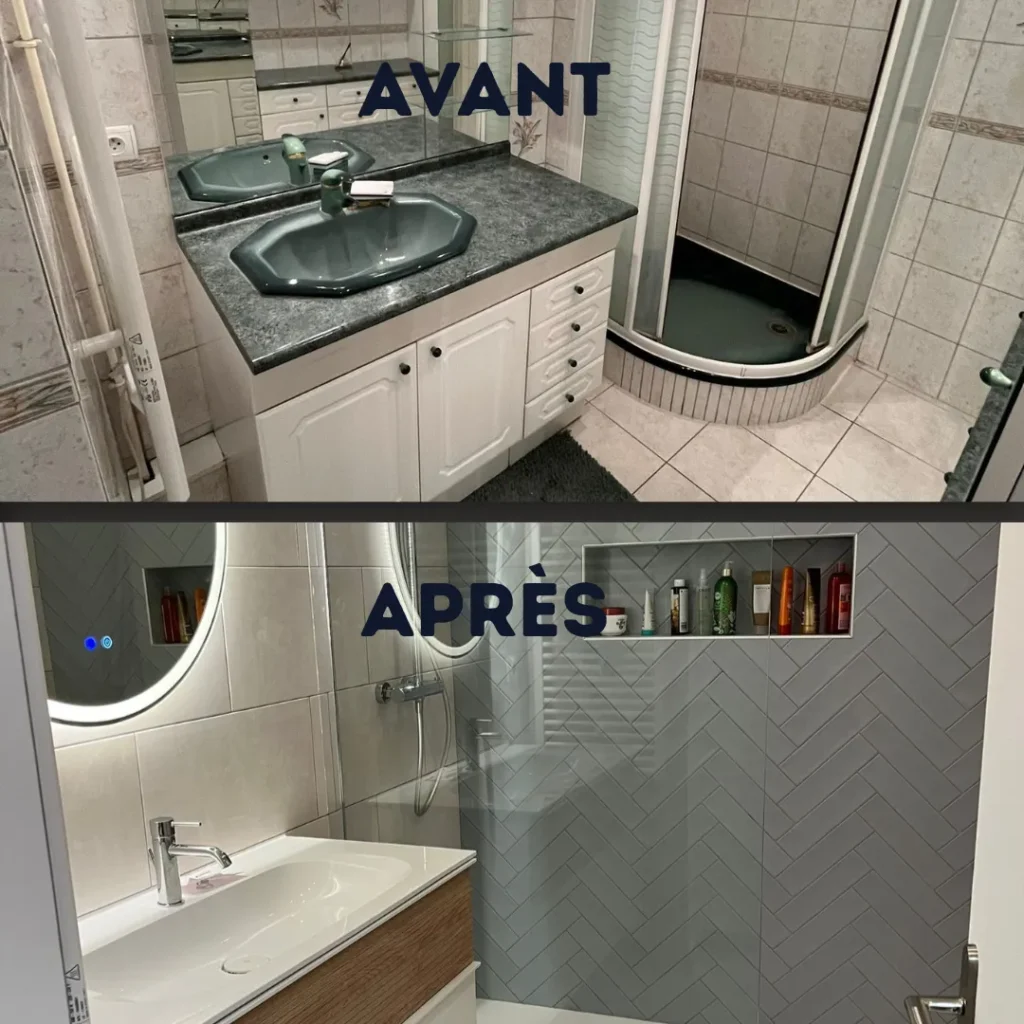 Rénovation de salle de bain à Louviers, avant et après : douche à l'italienne et faïence grise posée en chevrons