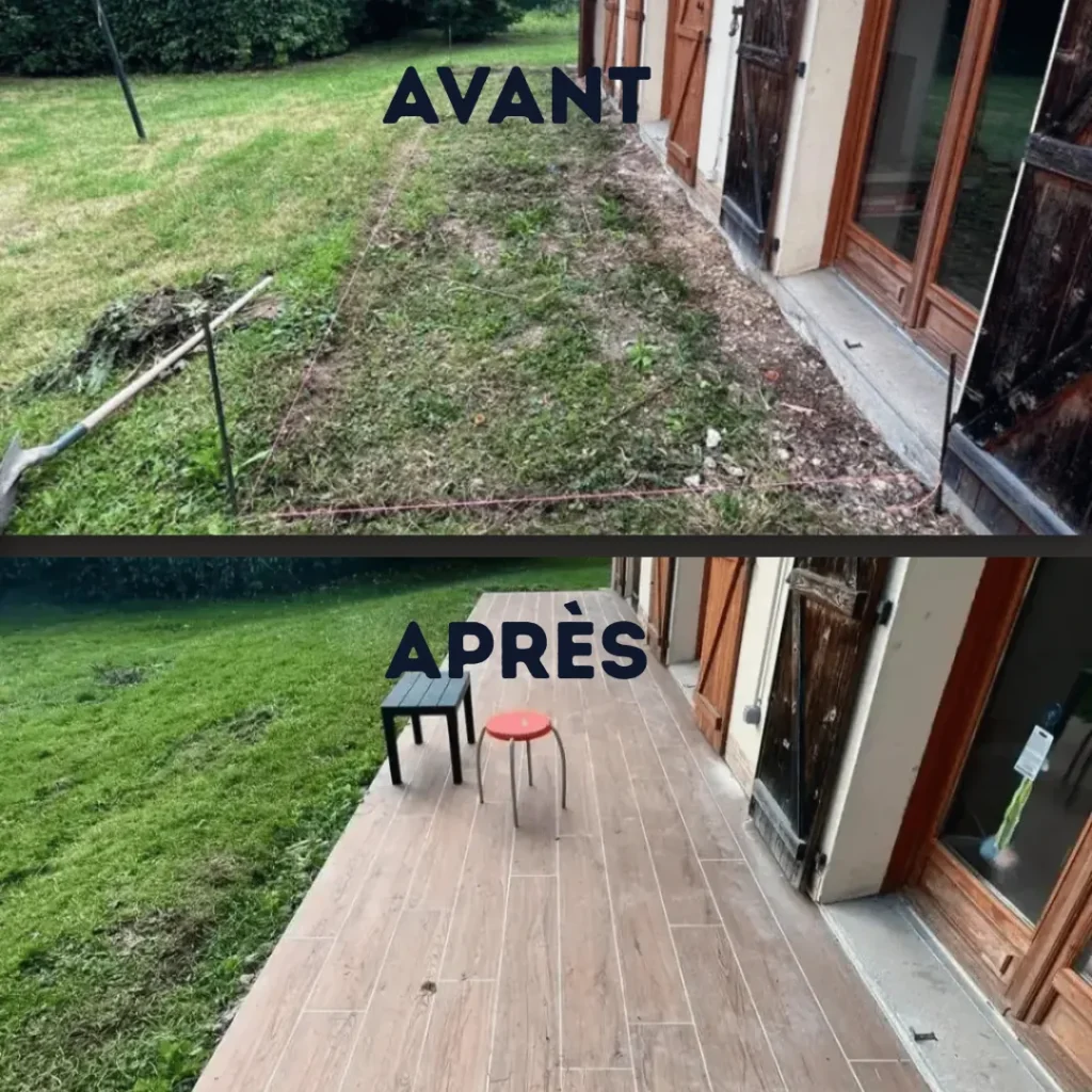 Terrasse à Yvetot, avant et après : carrelage effet bois posé le long de la maison