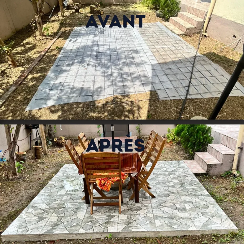 Terrasse à Alizay, avant et après : treillis soudé sur film polyane puis dallage effet pierre