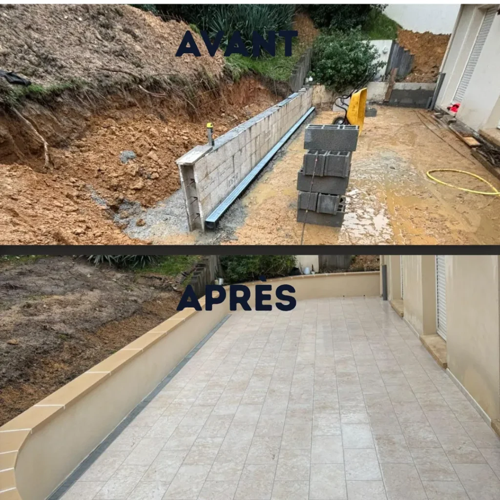 Terrasse et mur de soutènement à Acquigny, avant et après : blocs béton, caniveau linéaire et dallage clair